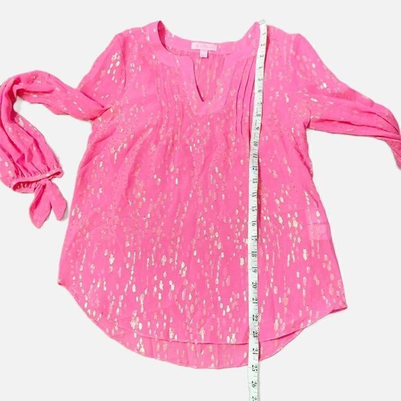 Lilly Pulitzer COLBY SILK CLIP TOP Neon Pink Gold Metallic Soleil Blouse Siz XXS - Picture 10 of 10
